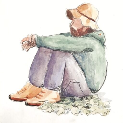 Aquarelle d'un berger assis par Florence Debove biographe.