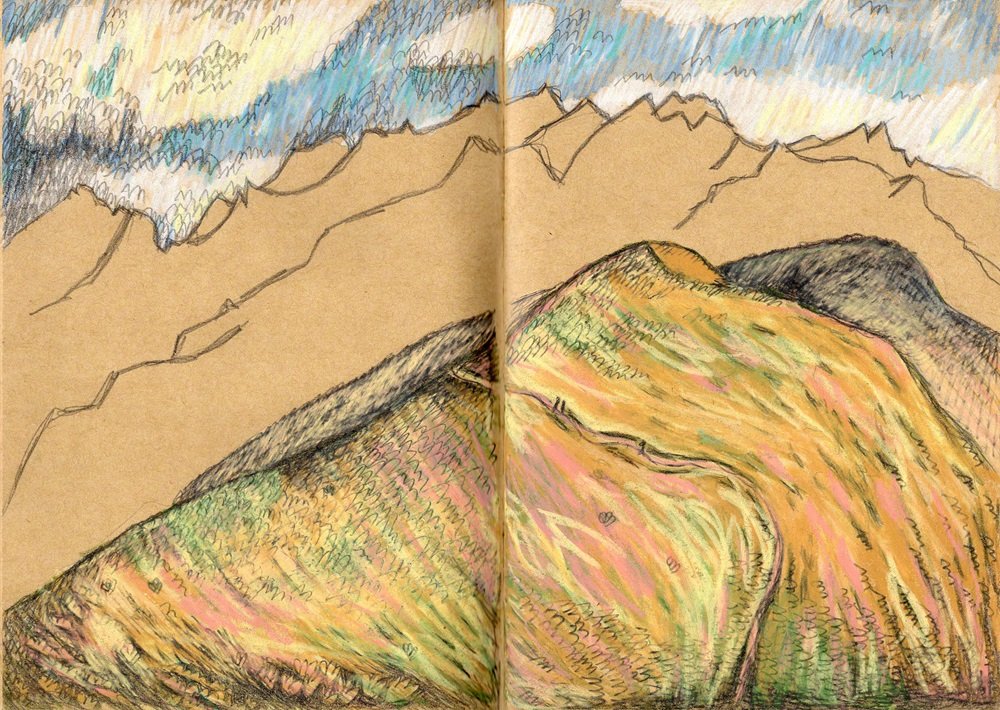 montagne d'estive dessinée au crayon de couleur par Florence Debove biographe